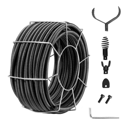 Avloppsrengöringskabel 100 FT x 3/4 tum, avloppsrengöringskabel av massiv kärna i stål med 4 skär för 3,9" till 7,9" rör, professionell innerkärna avloppsavloppsborrkabel för handfat, golvbrunn, toalett