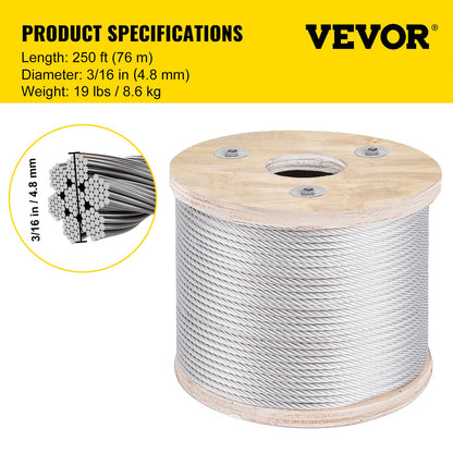 304 kabel av rostfritt stål 3/16 tum 7 X 19 stålvajer 250 fot stålkabel för räcke Trädgård gör det själv balustrade