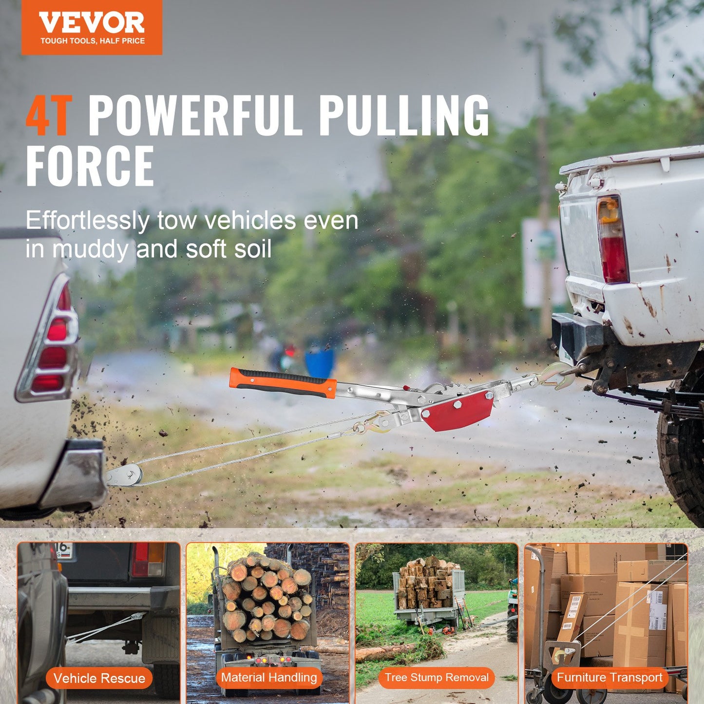 Power Puller Come Along Winch 4 Ton 8818 lbs Heavy Duty Pull Hoist 3 Hooks