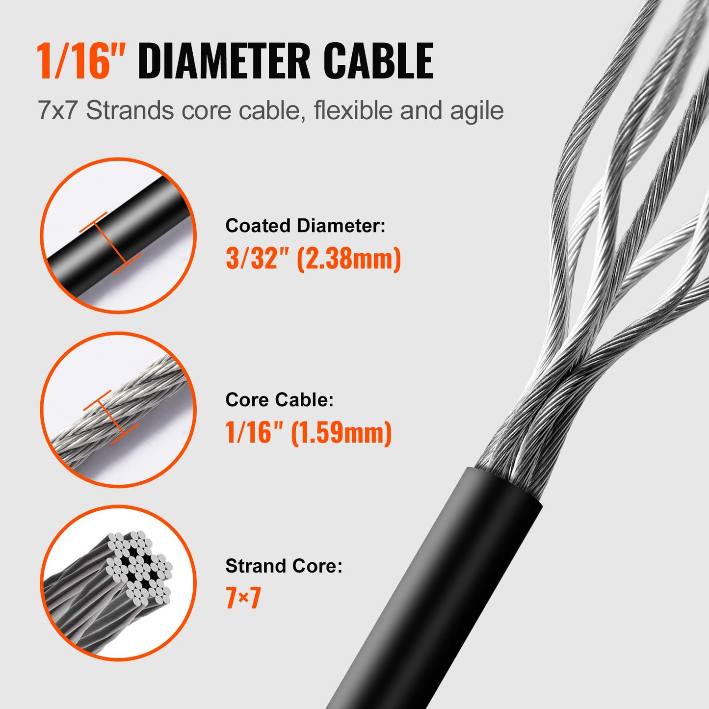 Vinylbelagd vajersats, 3/32 kabel genom 1/16 diameter rostfritt stål, 7x7 trådkonstruktion med 189 tillbehör för ljusslingor, klädstreck, vinstockar, 164 fot svart