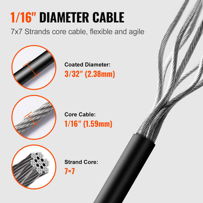 Vinylbelagd vajersats, 3/32 kabel genom 1/16 diameter rostfritt stål, 7x7 trådkonstruktion med 189 tillbehör för ljusslingor, klädstreck, vinstockar, 164 fot svart