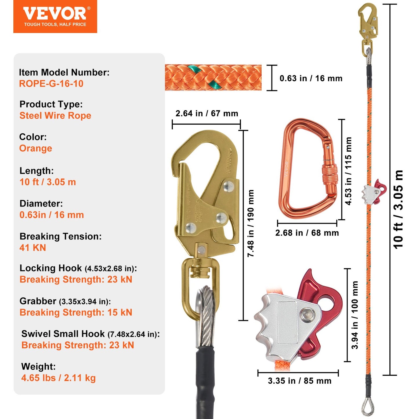 16 mm stålkärna Flipline 10ft (3m) Arborist Flipline för fallskydd