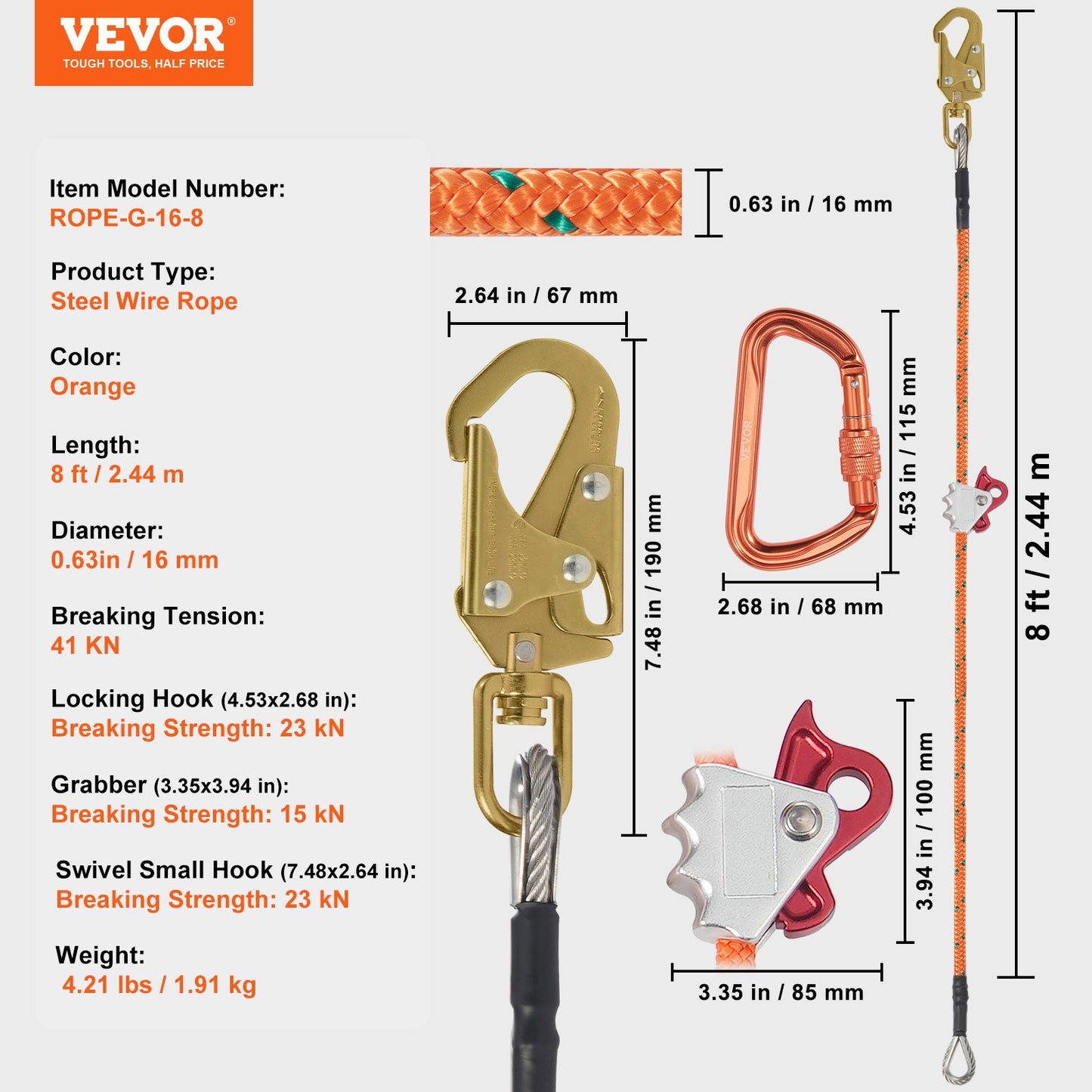 16 mm stålkärna Flipline 8ft (2,4 m) Arborist Flipline för fallskydd