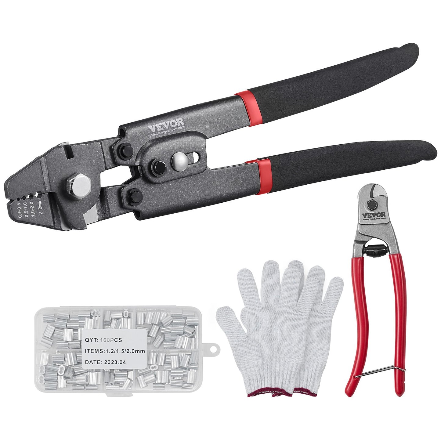 Crimping tool, up to 2.2 mm steel rope crimping tool, shrink sleeve set with a cable cutter and 160 pcs aluminum buckles, Teflon coating rust prevention fishing crimping tool