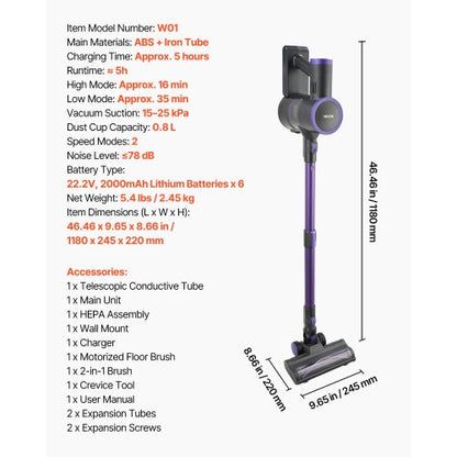 Sladdlös Dammsugare, 25KPA Max Kraftfull Sugkraft, Uppladdningsbar Anti-Tangle Stick Dammsugare med Dammkopp, Lätt Handhållen Dammsugare med 35 minuters Drifttid för Hem, Mattor, Djurhår, Hårda Golv |  EU