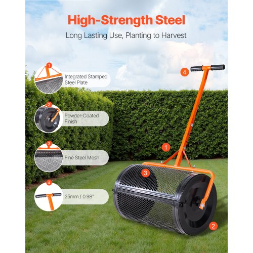 Kompostspridare, 24 tum bred torvmossspridare med T-format handtag, 3 höjdjusterbar, pulverlackerad ståltorvvals, kraftiga gräsfröspridare för plantering och sådd |  EU