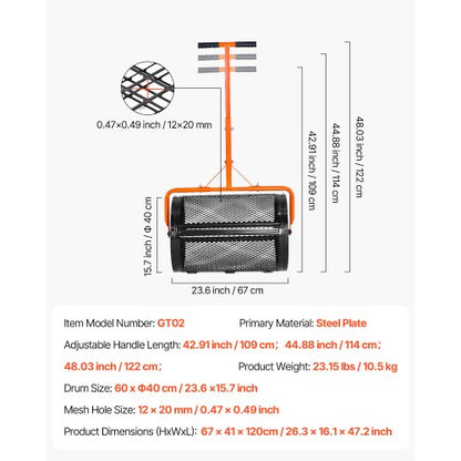 Kompostspridare, 24 tum bred torvmossspridare med T-format handtag, 3 höjdjusterbar, pulverlackerad ståltorvvals, kraftiga gräsfröspridare för plantering och sådd |  EU