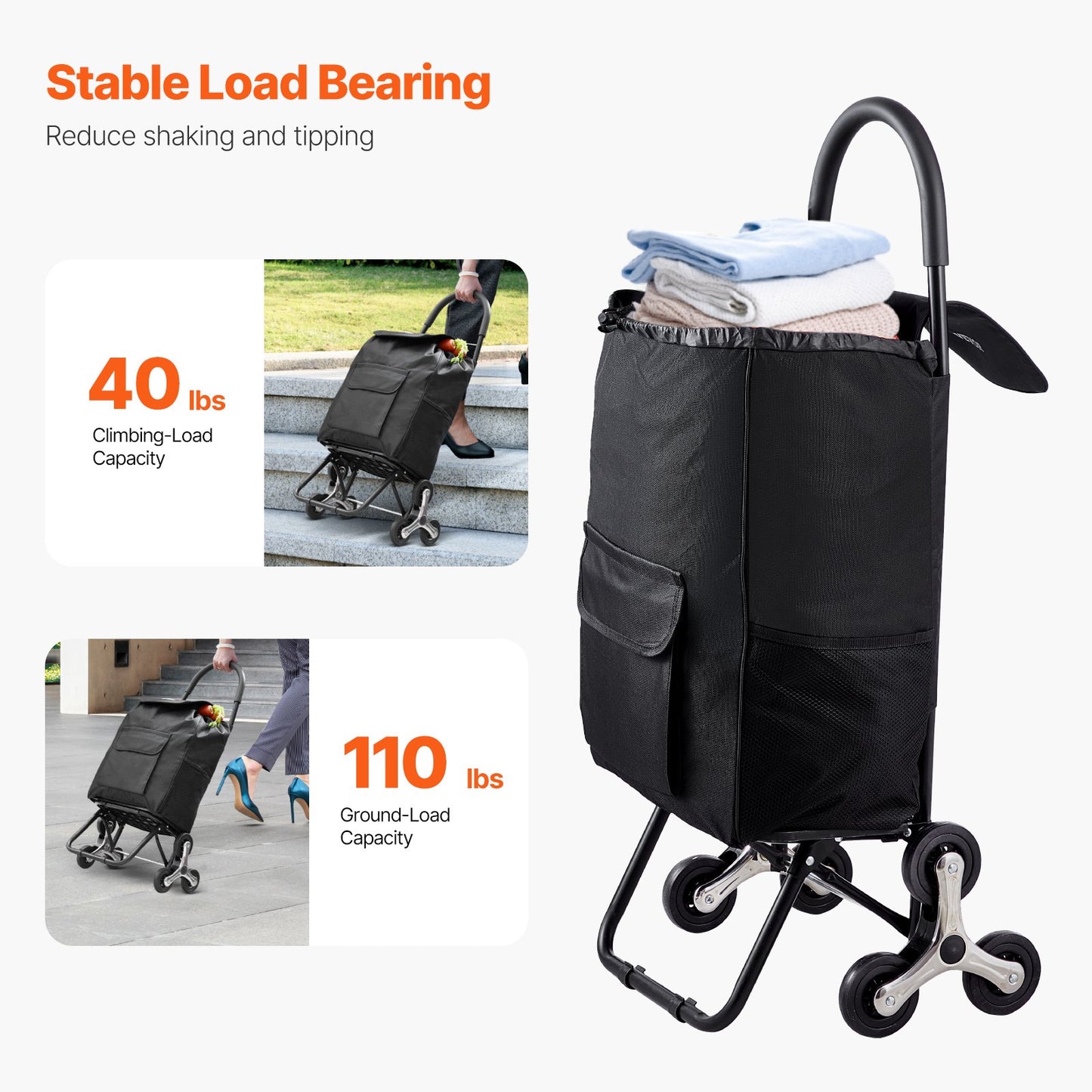 Stair Climbing Trolley Foldable Shopping Cart 36L with Storage Bag 6 Wheels