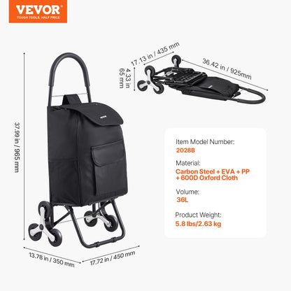 Stair Climbing Trolley Foldable Shopping Cart 36L with Storage Bag 6 Wheels