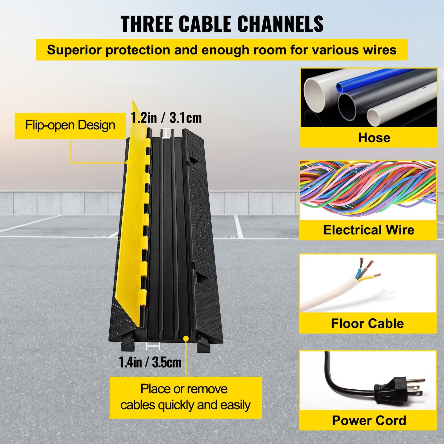 3 Channel Rubber Cable Protection Ramp 1.2 x 1.2 Inch Channel for Heavy Duty Cable Wire Cable Cover Ramp Speed Bump Driveway Hose Cable Ramp Protector