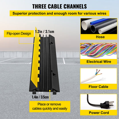 3 Channel Rubber Cable Protection Ramp 1.2 x 1.2 Inch Channel for Heavy Duty Cable Wire Cable Cover Ramp Speed Bump Driveway Hose Cable Ramp Protector