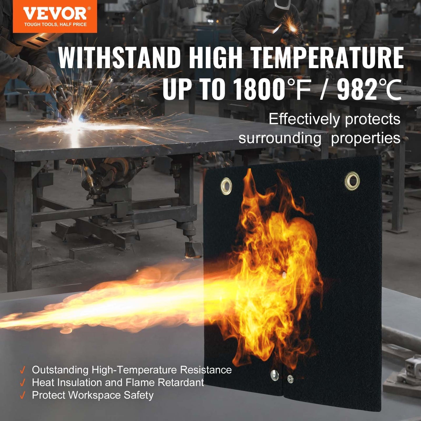 Svetsfilt, 12" x 12" kolfiber värmesköld svetsmatta, upp till 1800°F Värmebeständig, flamskyddsdyna VVS-hål Propanbrännare, löddyna med metallgenomföringar för kopparrör