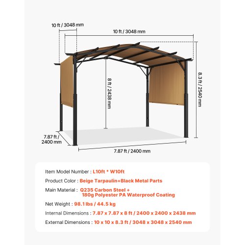 10x10 ft retractable outdoor pergola with canopy arched metal pergola | EU