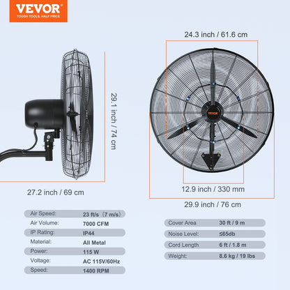 24" Oscillerande väggdimfläkt metall 3 hastigheter 115W
