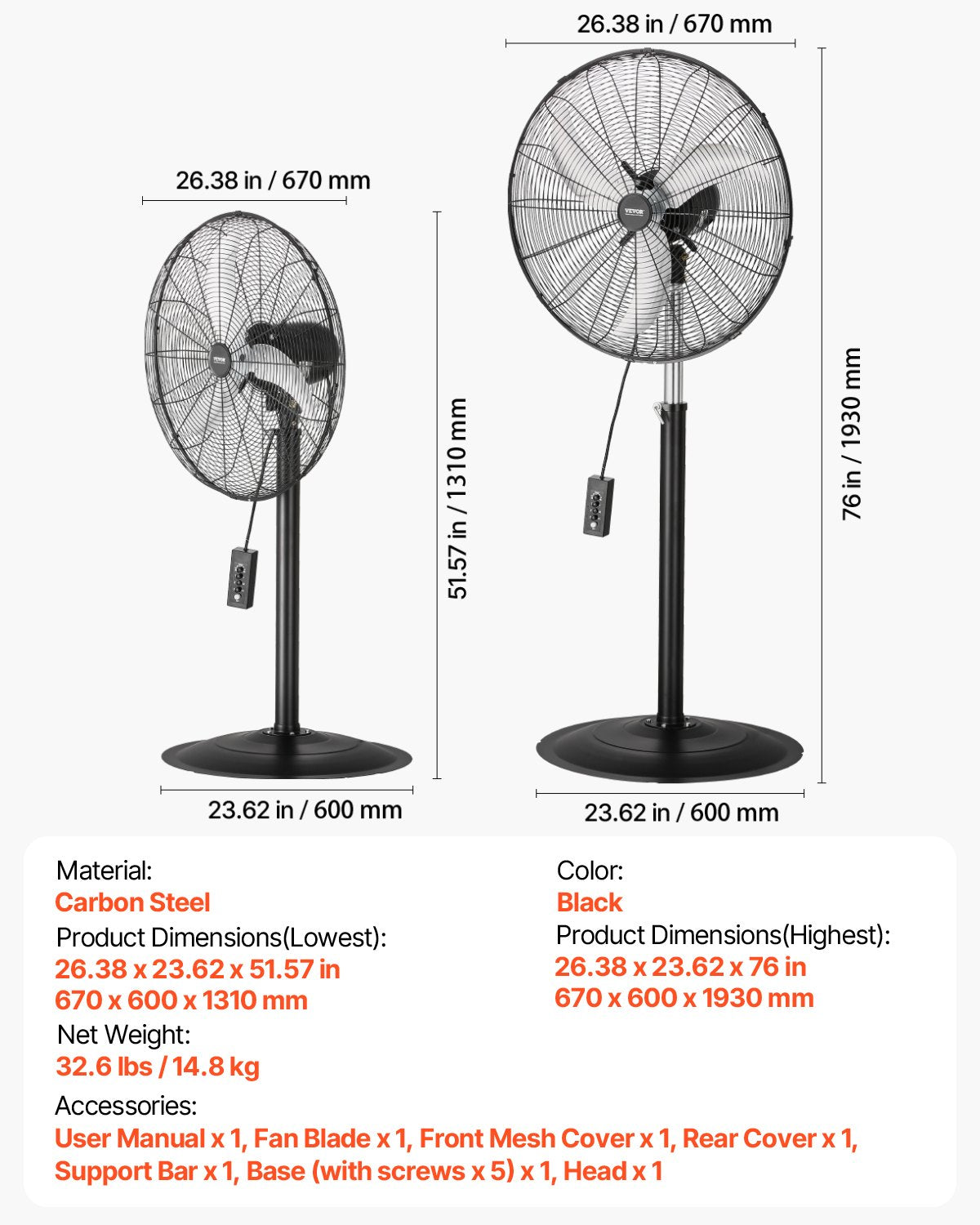 24" industriell piedestalfläkt 3-hastighets oscillerande fläkt höjdjusterbar