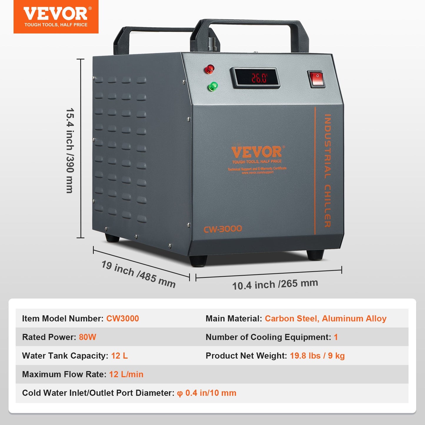 Industrieller Wasserkühler CW-3000, luftgekühltes industrielles Wasserkühler-Kühlsystem mit 12 l Wassertankkapazität, 12 l/min max. Durchflussrate, für Lasergravurmaschinen-Kühlmaschinen-Laserröhre
