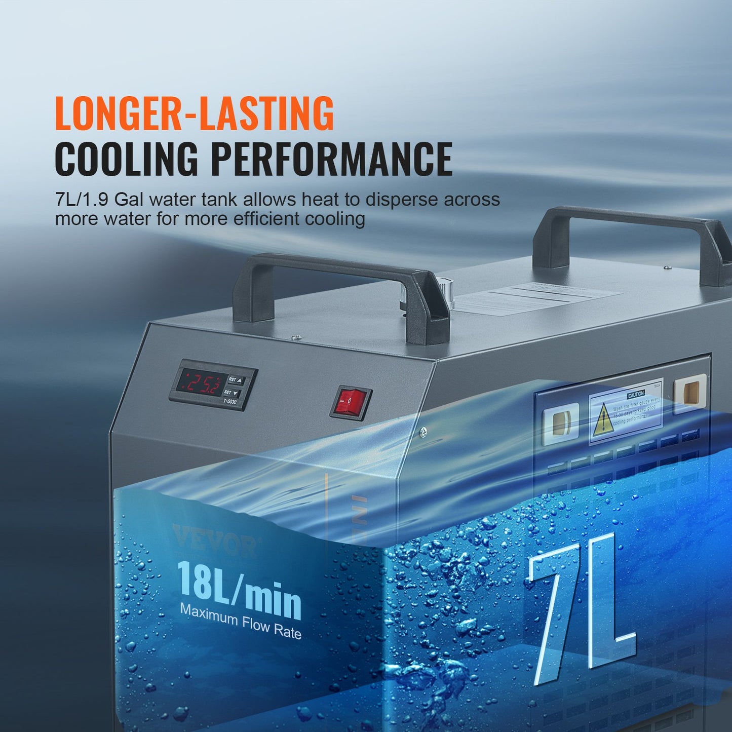 Industriell vattenkylare, CW-5202, vattenkylare kylsystem med inbyggd kompressor, 7L vattentankkapacitet, 18L/min Max. Flödeshastighet, för kylmaskin för CO2-lasergraveringsmaskin