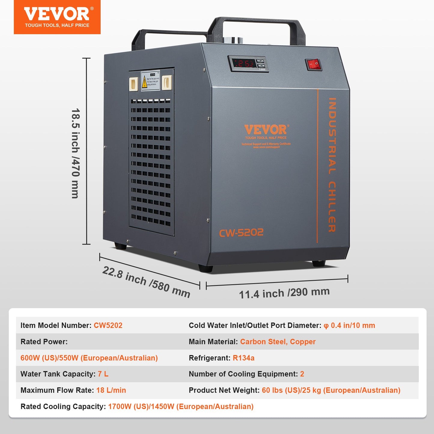 Industriell vattenkylare, CW-5202, vattenkylare kylsystem med inbyggd kompressor, 7L vattentankkapacitet, 18L/min Max. Flödeshastighet, för kylmaskin för CO2-lasergraveringsmaskin