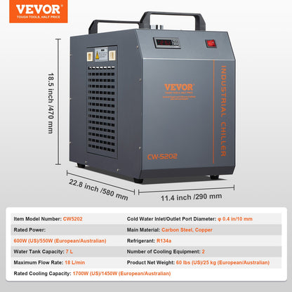 Industriell vattenkylare, CW-5202, vattenkylare kylsystem med inbyggd kompressor, 7L vattentankkapacitet, 18L/min Max. Flödeshastighet, för kylmaskin för CO2-lasergraveringsmaskin
