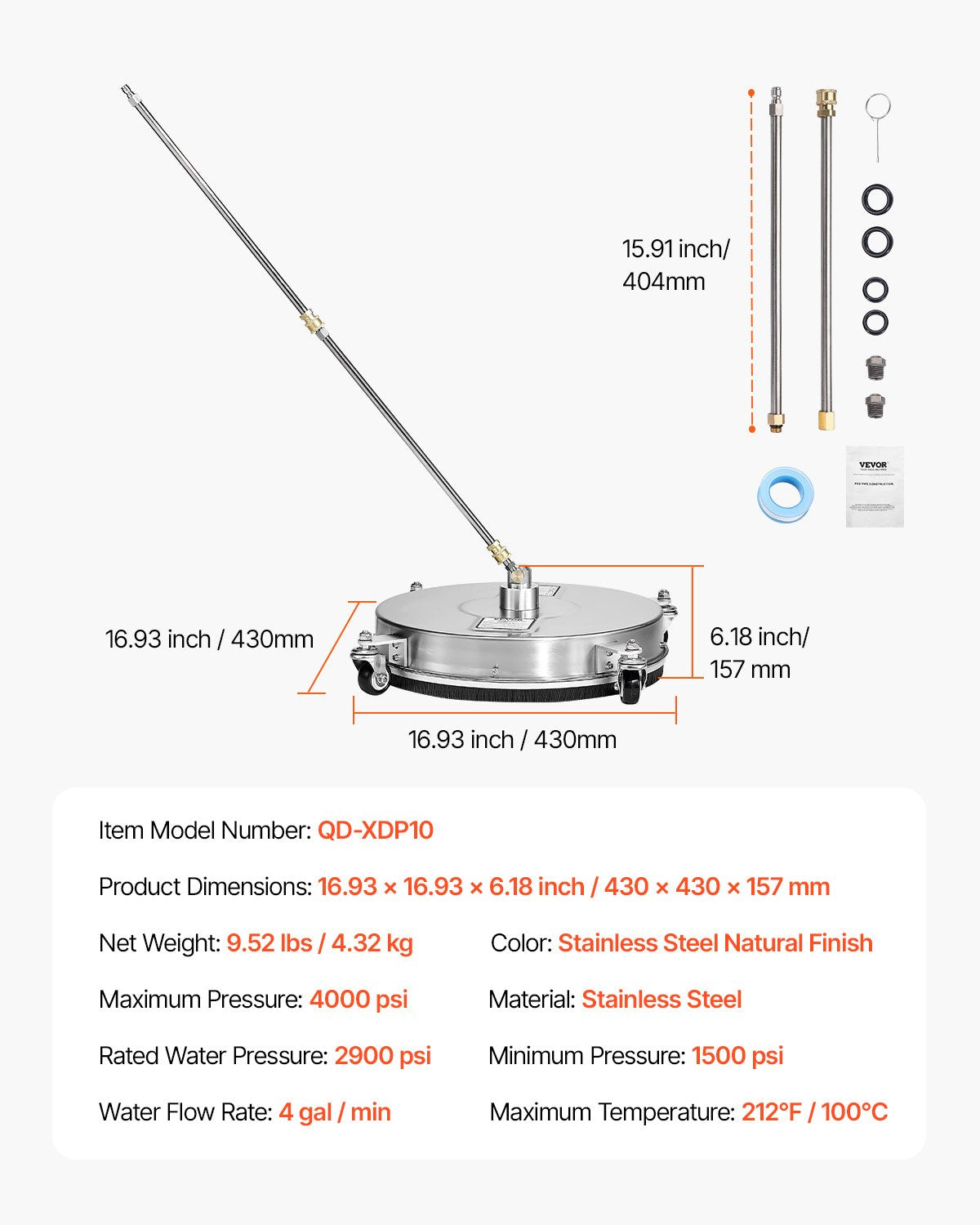 16,5" högtryckstvätt Ytrengöring 4 hjul rostfritt stål 4000 Max PSI