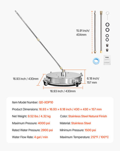 16,5" högtryckstvätt Ytrengöring 4 hjul rostfritt stål 4000 Max PSI