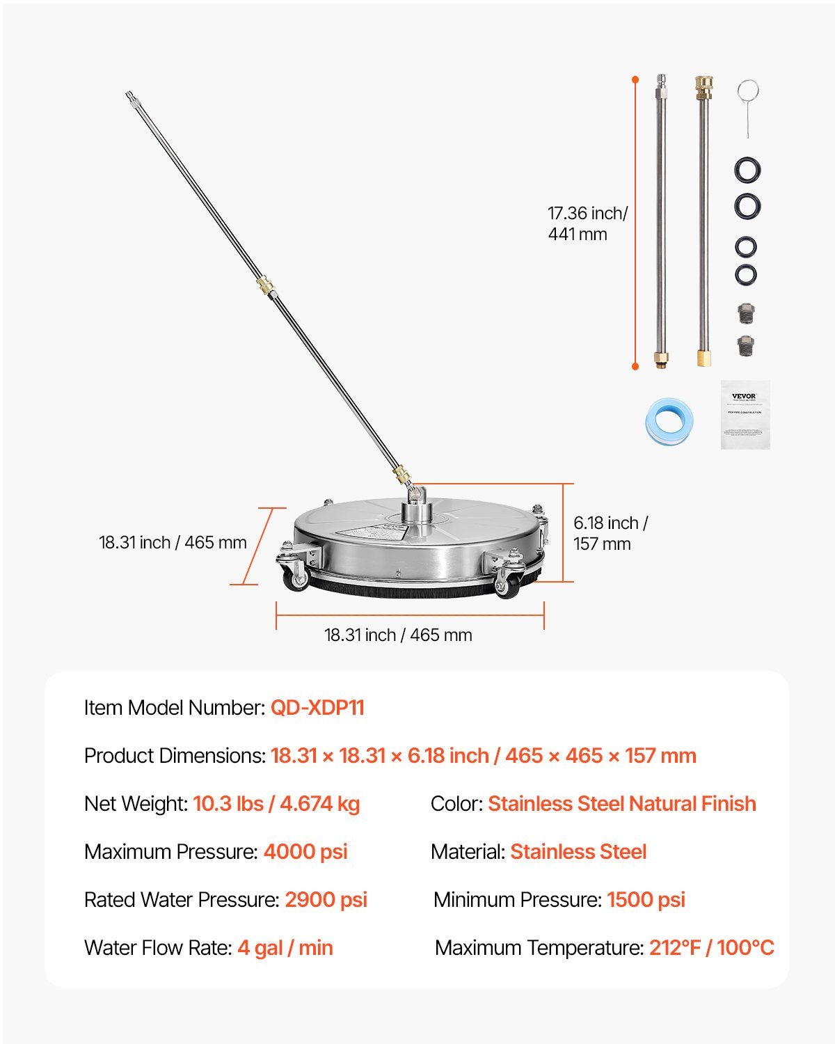 18" högtryckstvätt Ytrengöring 4 hjul 4000 Max PSI 2 förlängda stavar
