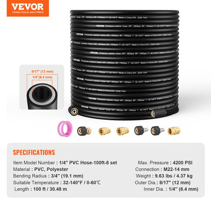 Högtryckstvättslang, 30,5 m, 6,35 mm böjfri M22-14 mm ersättning av mässingsgängor för de flesta märken högtryckstvättar, 19 mm böjningsradie, 4200 PSI Heavy Duty Power Washer-förlängningsslang.