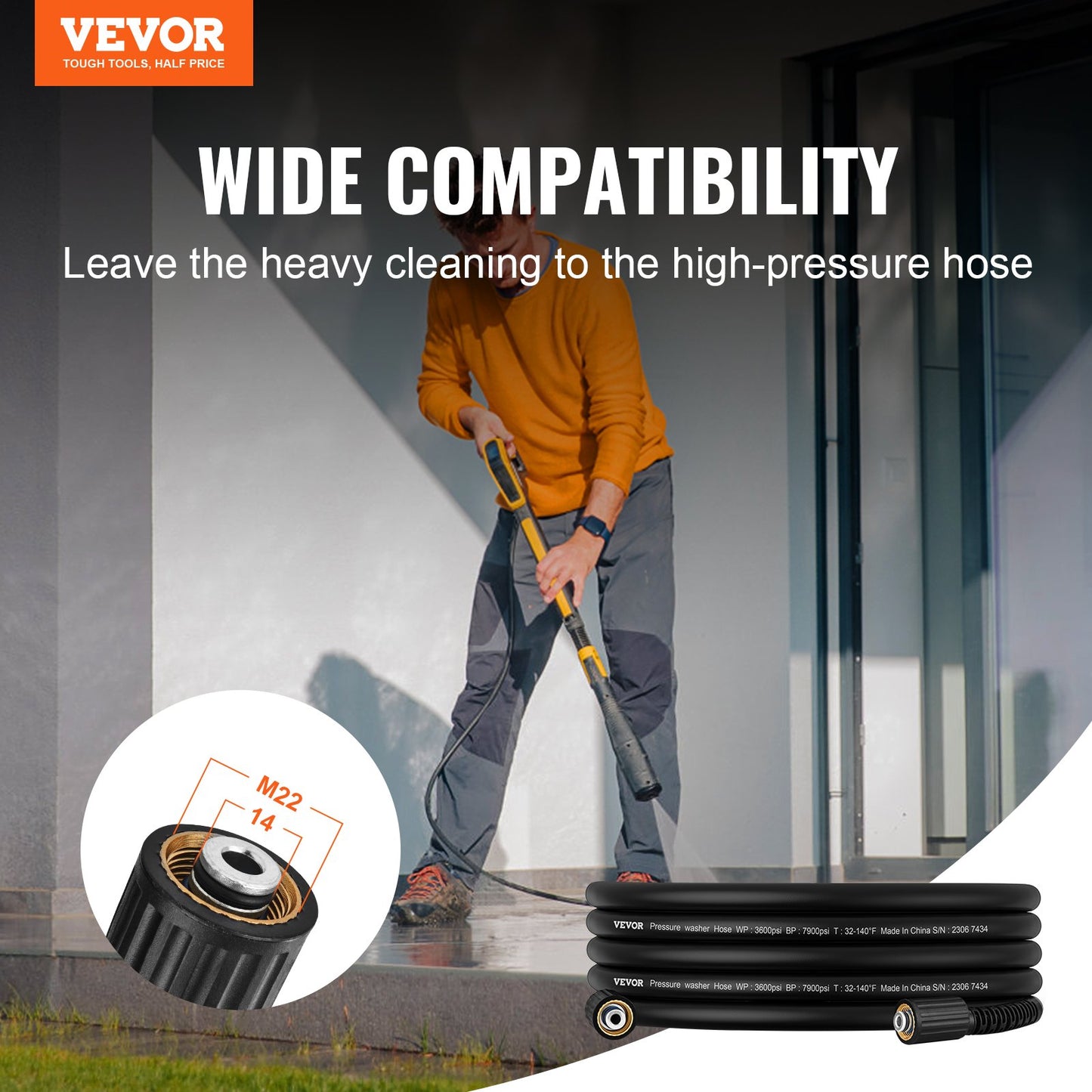 High pressure washer hose, 7.6 m, 6.35 mm bend-free M22-14 mm brass thread for most brands of pressure washers, 19 mm bend radius, 3600 PSI Heavy Duty Power Washer extension hose.
