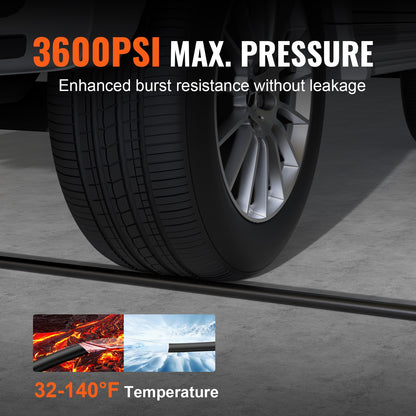 High pressure washer hose, 7.6 m, 6.35 mm bend-free M22-14 mm brass thread for most brands of pressure washers, 19 mm bend radius, 3600 PSI Heavy Duty Power Washer extension hose.