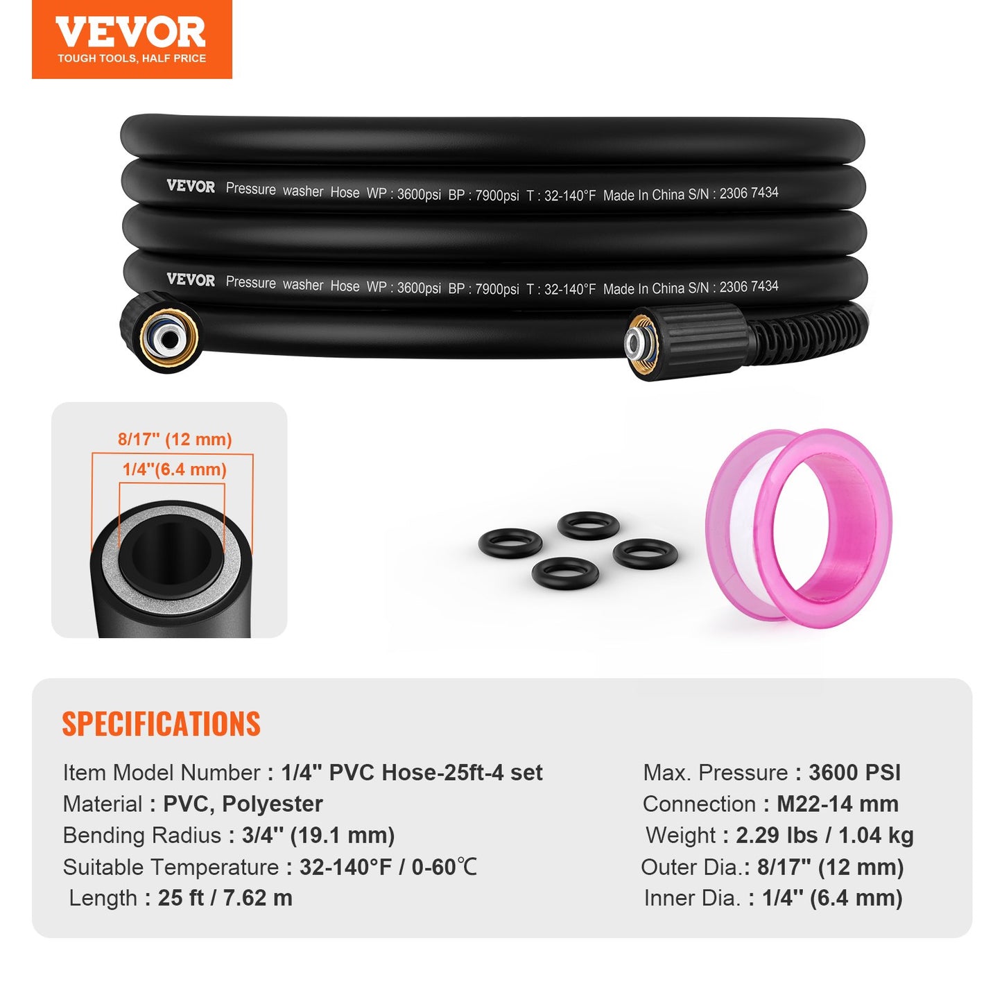 High pressure washer hose, 7.6 m, 6.35 mm bend-free M22-14 mm brass thread for most brands of pressure washers, 19 mm bend radius, 3600 PSI Heavy Duty Power Washer extension hose.
