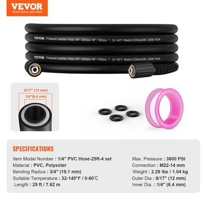 High pressure washer hose, 7.6 m, 6.35 mm bend-free M22-14 mm brass thread for most brands of pressure washers, 19 mm bend radius, 3600 PSI Heavy Duty Power Washer extension hose.