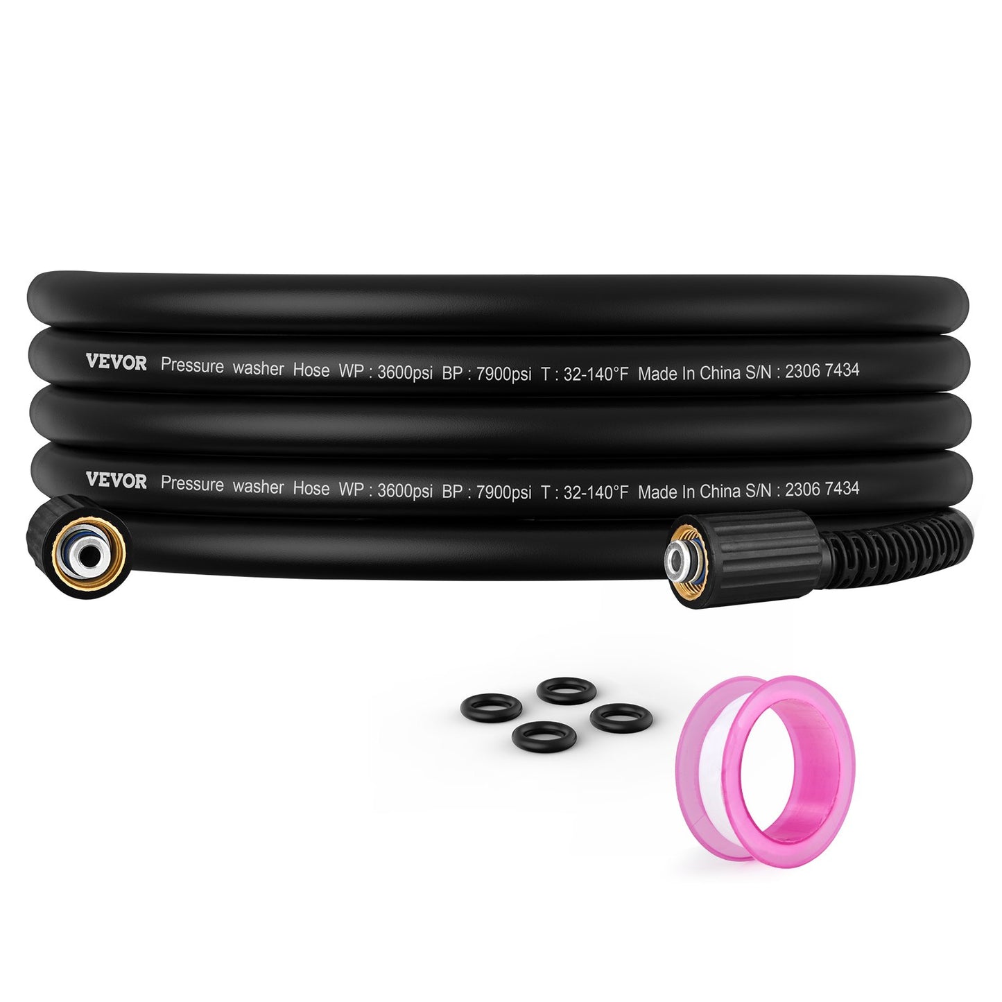 High pressure washer hose, 7.6 m, 6.35 mm bend-free M22-14 mm brass thread for most brands of pressure washers, 19 mm bend radius, 3600 PSI Heavy Duty Power Washer extension hose.