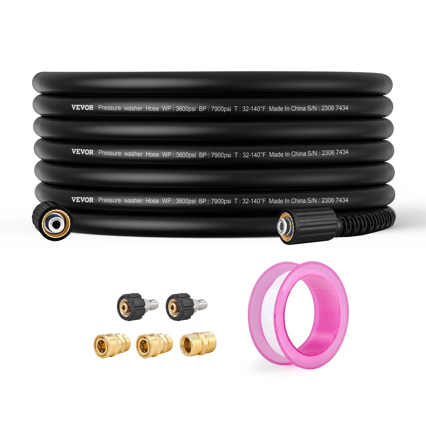 Pressure Washer Hose, 15m, 6.35mm Bend-Free M22-14mm Brass Thread Replacement for Most Brands of Pressure Washers, 19mm Bend Radius, 3600 PSI Heavy Duty Power Washer Extension Hose