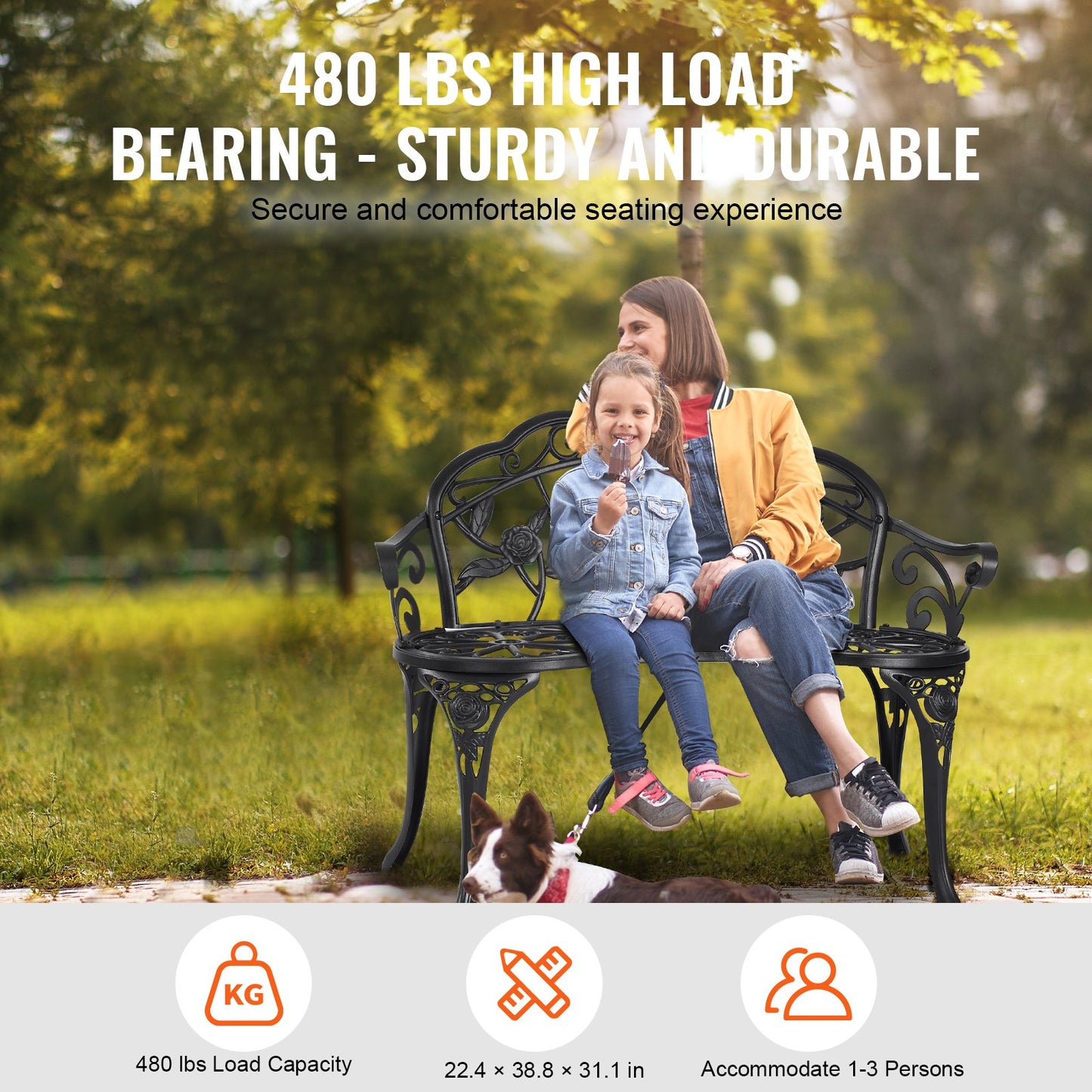 Outdoor Bench, 38.8 Inch Metal Garden Bench for Outdoor Use, 480 lbs Load Capacity Bench, Outdoor Garden Bench with Backrest and Armrest, Patio Bench for Garden, Park, Yard, Porch