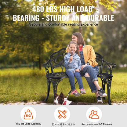 Outdoor Bench, 38.8 Inch Metal Garden Bench for Outdoor Use, 480 lbs Load Capacity Bench, Outdoor Garden Bench with Backrest and Armrest, Patio Bench for Garden, Park, Yard, Porch