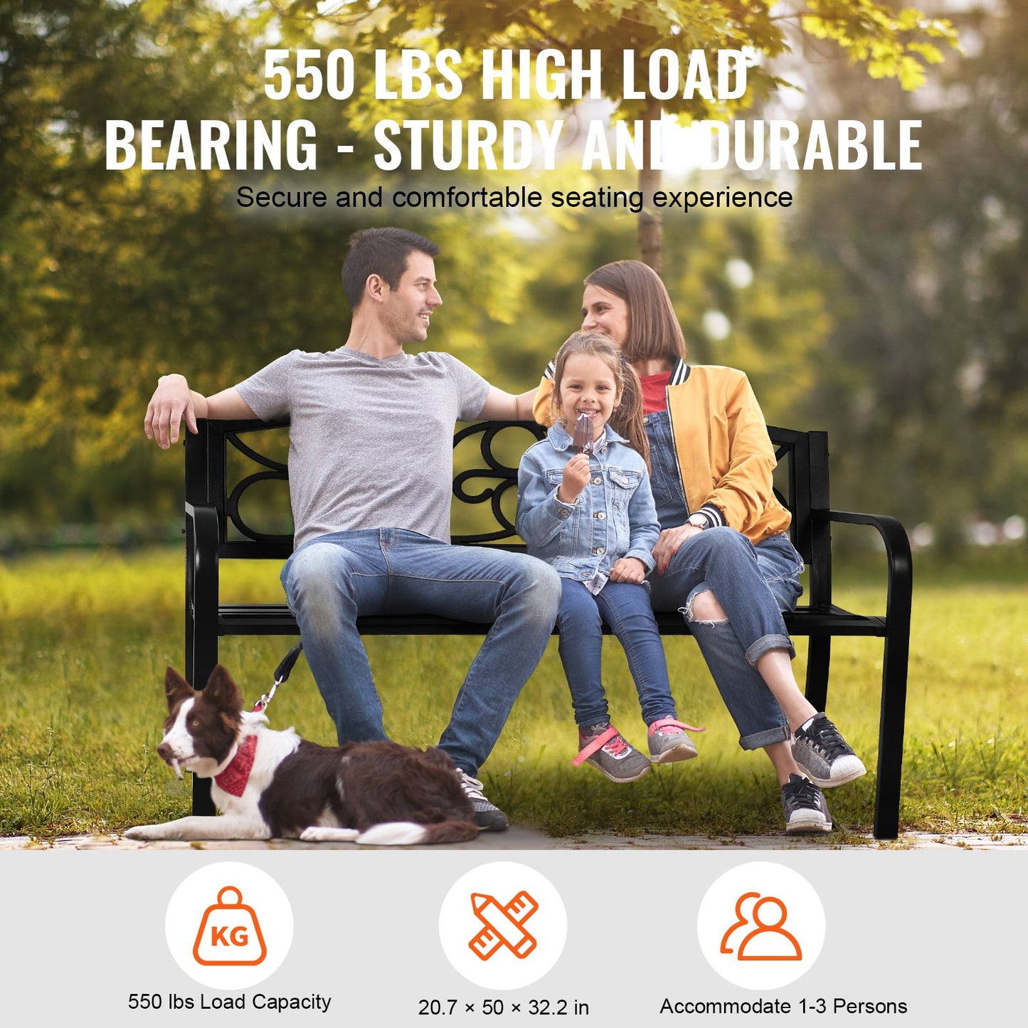 Outdoor Bench, 50 Inch Metal Garden Bench for Outdoor Use, 550 lbs Load Capacity Bench, Outdoor Garden Bench with Backrest and Armrest, Patio Bench for Garden, Park, Yard, Porch