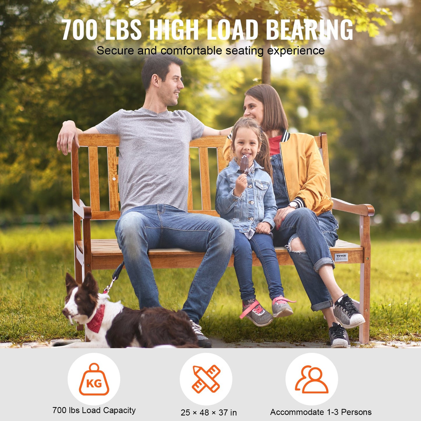 Outdoor Bench 48 in Wood Garden Bench 700 lbs Park Patio Yard Porch Bench