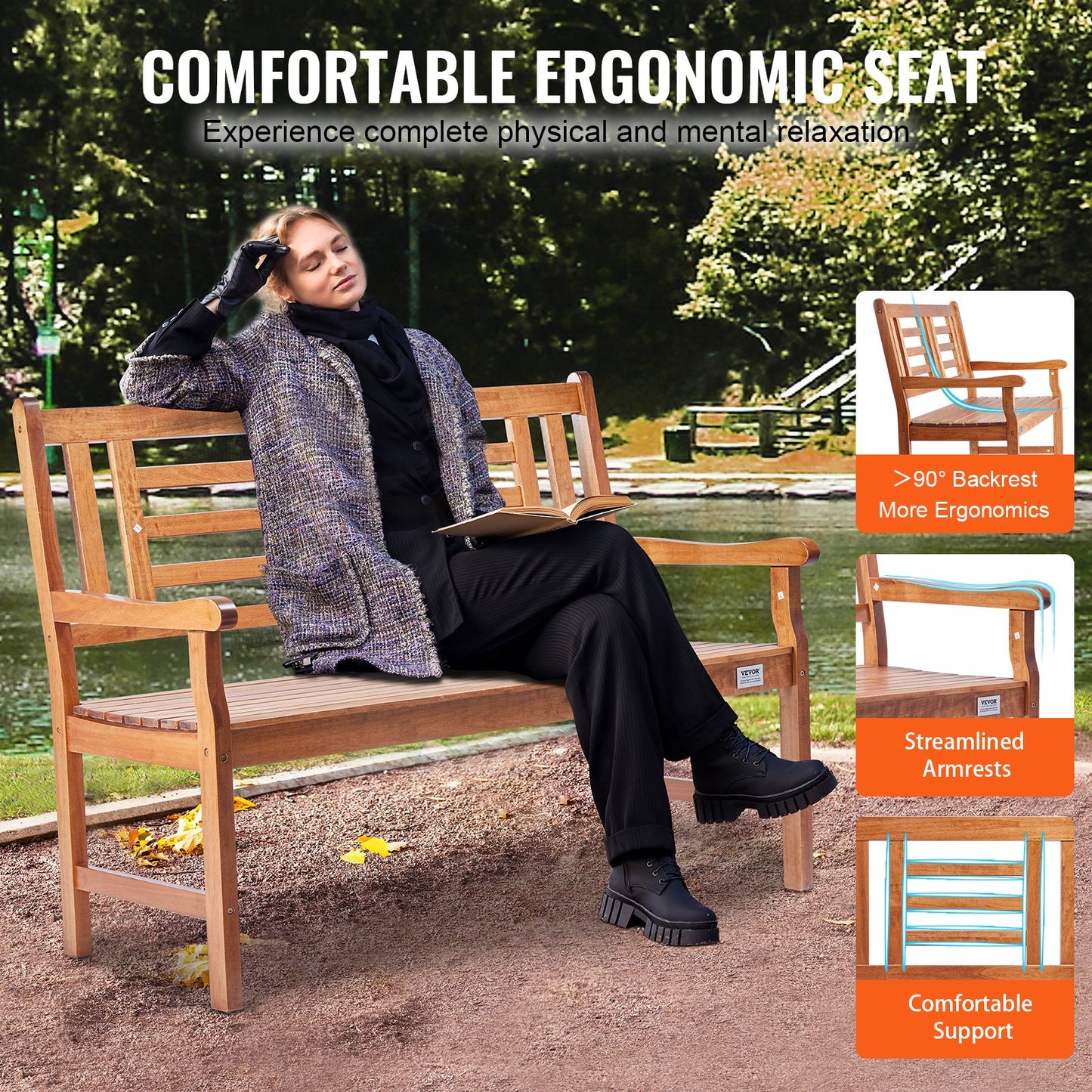 Outdoor Bench 48 in Wood Garden Bench 700 lbs Park Patio Yard Porch Bench