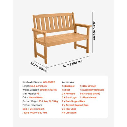 Outdoor Bench Terrace Bench 128 cm Weatherproof Plastic Natural Wood Color | EU