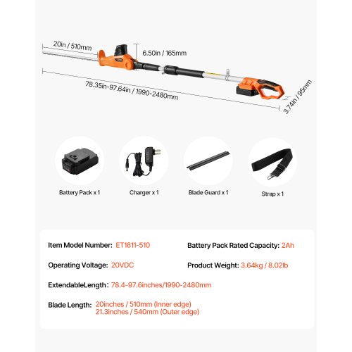 Retractable Cordless Electric Hedge Trimmer 20V 1200RMP with 20 inch Blade | EU