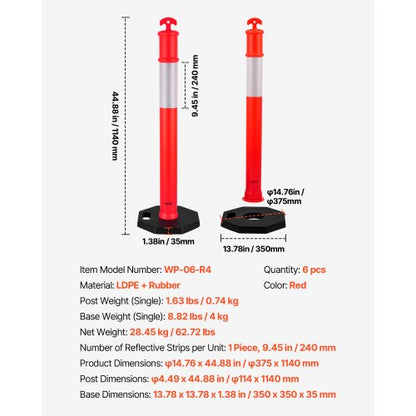 6-pack traffic barrier posts 1140 mm traffic safety cones with weighted base | EU