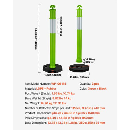 3-pack traffic barrier posts 1140 mm safety cones with weighted base green | EU