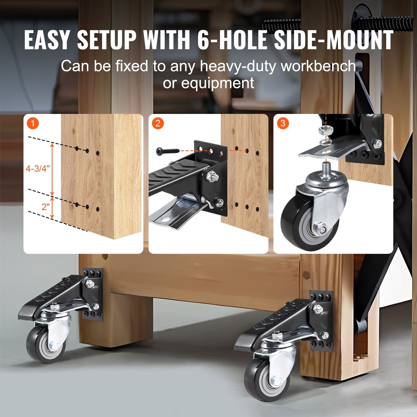 Workbench Caster Wheels, 165 lbs Load Capacity, Set of 4, 2.5" Heavy Duty Retractable Casters, Side Mount Adjustable Stepdown Casters with 360° Swivel for Workbenches, Tables and Equipment