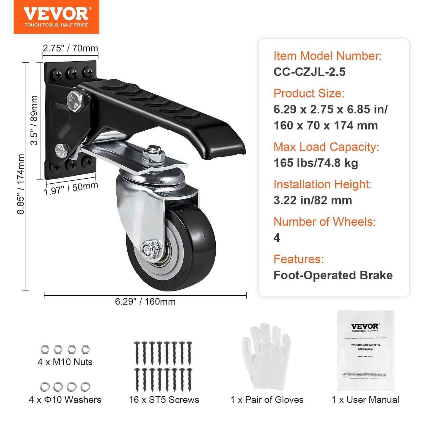 Workbench Caster Wheels, 165 lbs Load Capacity, Set of 4, 2.5" Heavy Duty Retractable Casters, Side Mount Adjustable Stepdown Casters with 360° Swivel for Workbenches, Tables and Equipment