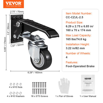 Workbench Caster Wheels, 165 lbs Load Capacity, Set of 4, 2.5" Heavy Duty Retractable Casters, Side Mount Adjustable Stepdown Casters with 360° Swivel for Workbenches, Tables and Equipment