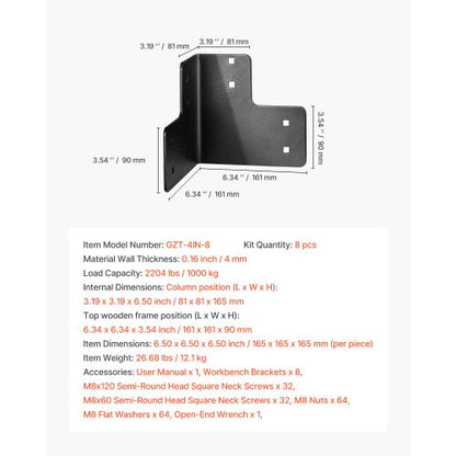 8-delars hörnkonsoler för arbetsbänk, 6,5 x 6,5 x 6,5 tum/165 x 165 x 165 mm