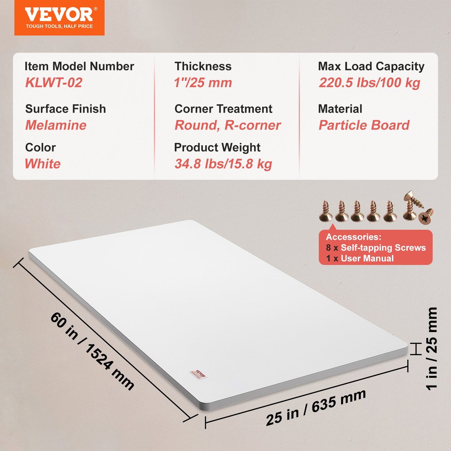 Tischplatte, 60" x 25" x 1", 220,5 lbs Tragkraft, universelle einteilige Spanplatte für höhenverstellbares elektrisches Stehpultgestell, rechteckige Arbeitsplatte für Heim- und Bürotische