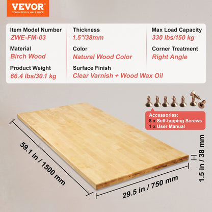 Bordsskiva i massivt trä skrivbordsskiva 59,1" x 29,5" x 1,5" rektangulärt lönnträ