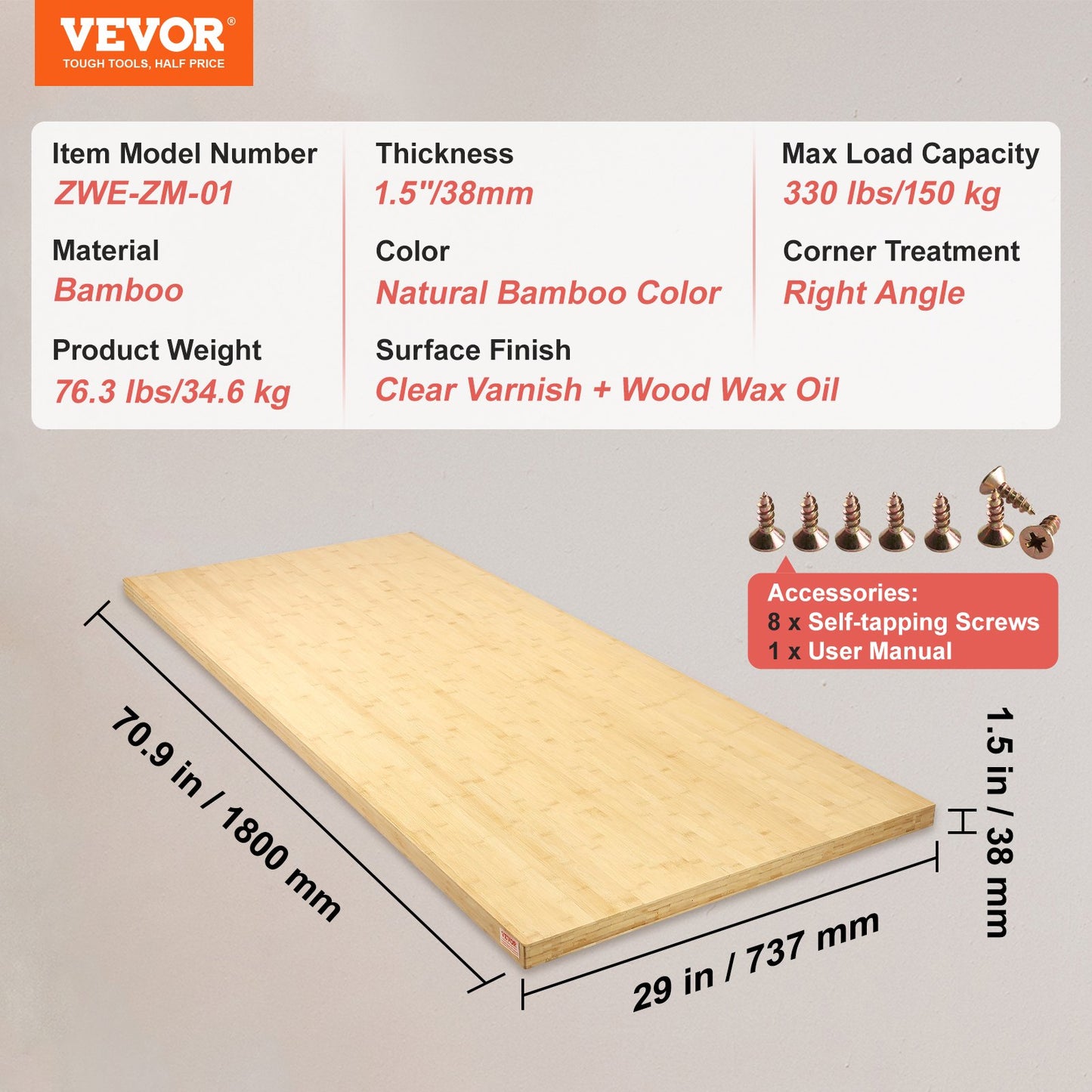 Bordsskiva i bambu bordsskiva 70,9" x 29" x 1,5" rektangulär 330 lbs last
