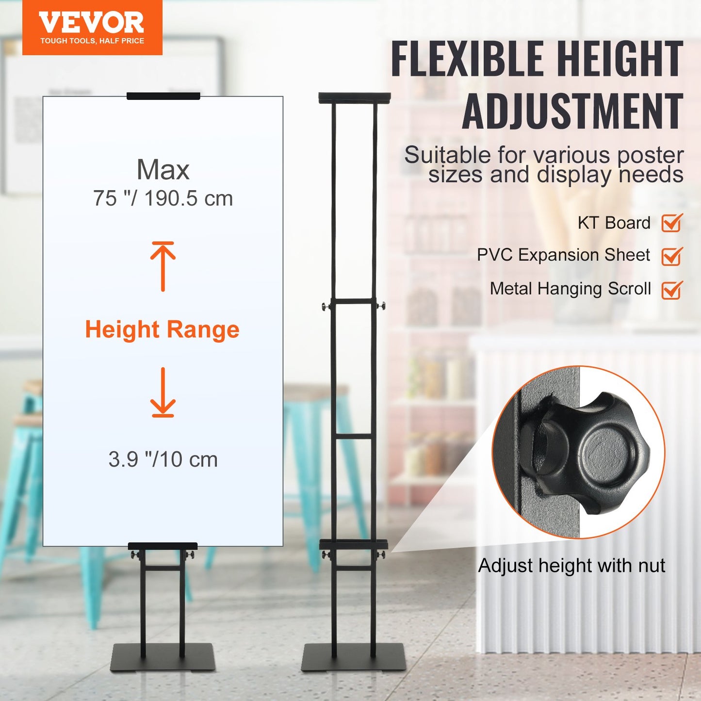Affischstativ, justerbar höjd upp till 75", dubbelsidig Heavy Duty piedestalskylthållare, golvskylthållare Bannerstativ med stötdämpande bas för display, för skiva och skum, svart